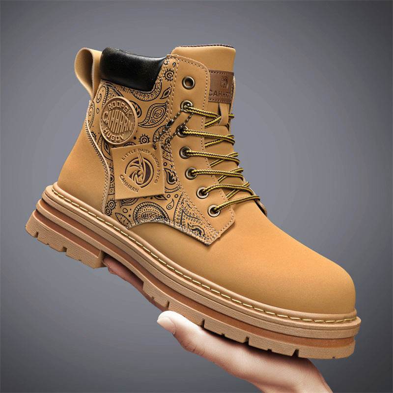 Men's high top Martin boots autumn and winter outdoor casual workwear shoes retro frosted surface thick soled yellow boots - Faithacle