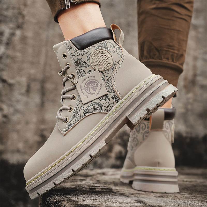 Men's high top Martin boots autumn and winter outdoor casual workwear shoes retro frosted surface thick soled yellow boots - Faithacle
