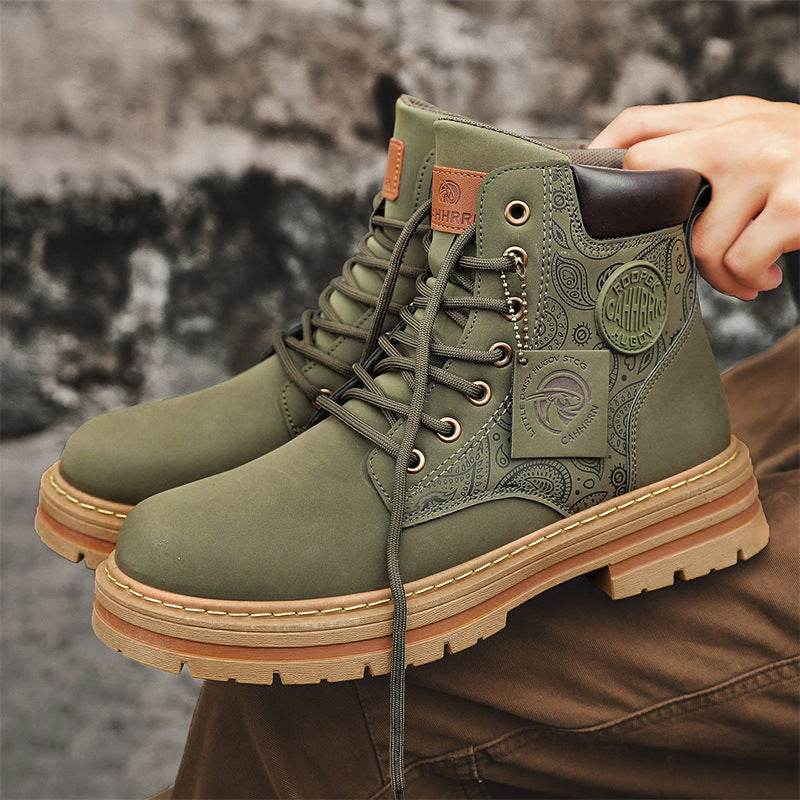Men's high top Martin boots autumn and winter outdoor casual workwear shoes retro frosted surface thick soled yellow boots - Faithacle