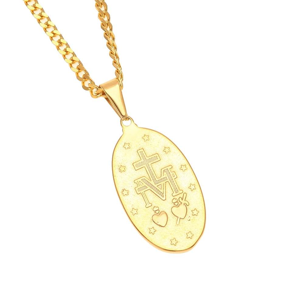Catholic Religious Virgin Mary Necklace Pendant Stainless Steel Gold Color Cross Medallion Necklace - Faithacle