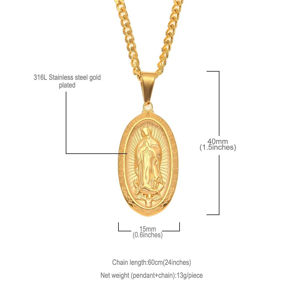 Catholic Religious Virgin Mary Necklace Pendant Stainless Steel Gold Color Cross Medallion Necklace - Faithacle