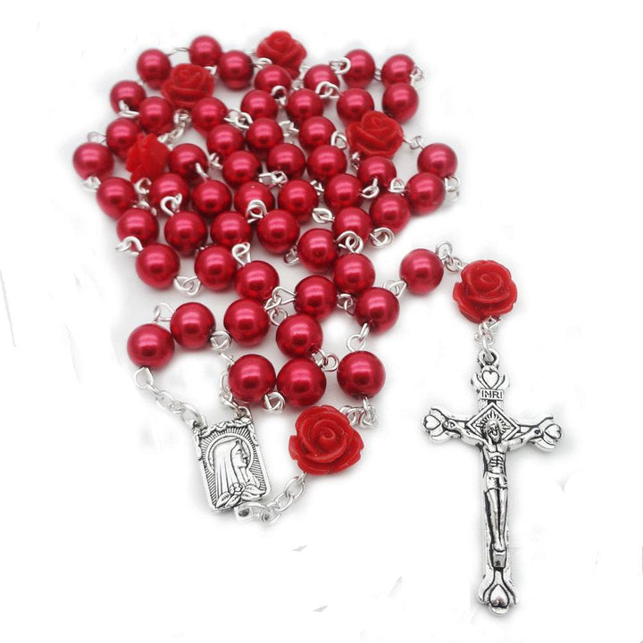 6mm Rose Flower Pearl Rosary Necklace Cross Christian Catholic Jewelry - Faithacle