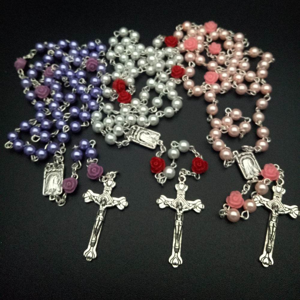 6mm Rose Flower Pearl Rosary Necklace Cross Christian Catholic Jewelry - Faithacle