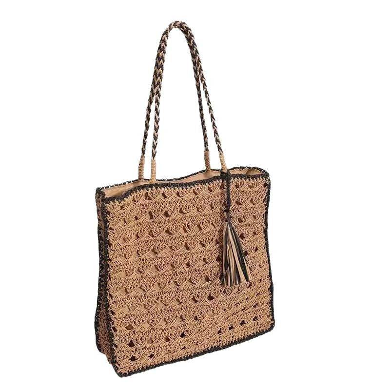 Square tassel single shoulder grass woven bag handmade women - Faithacle