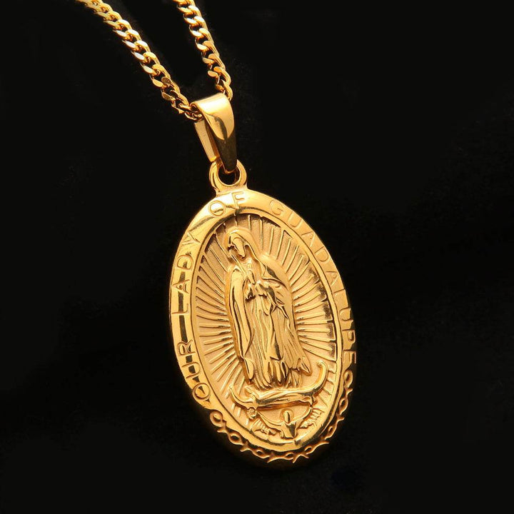 Catholic Religious Virgin Mary Necklace Pendant Stainless Steel Gold Color Cross Medallion Necklace - Faithacle