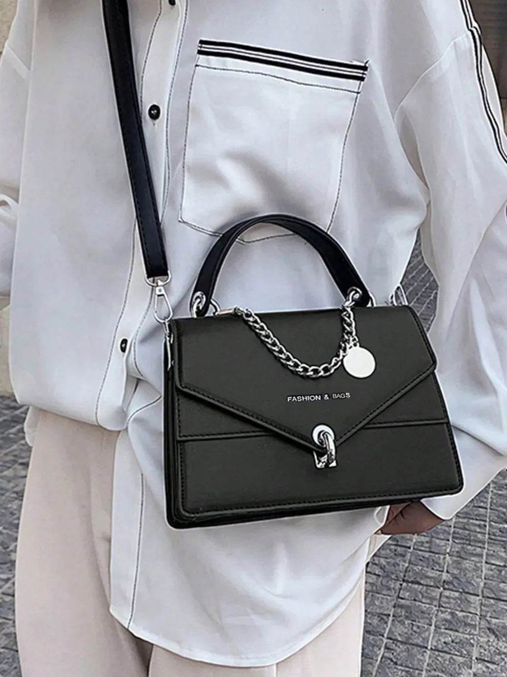 Chain PU Leather Detachable Shoulder Strap Handbag - Faithacle