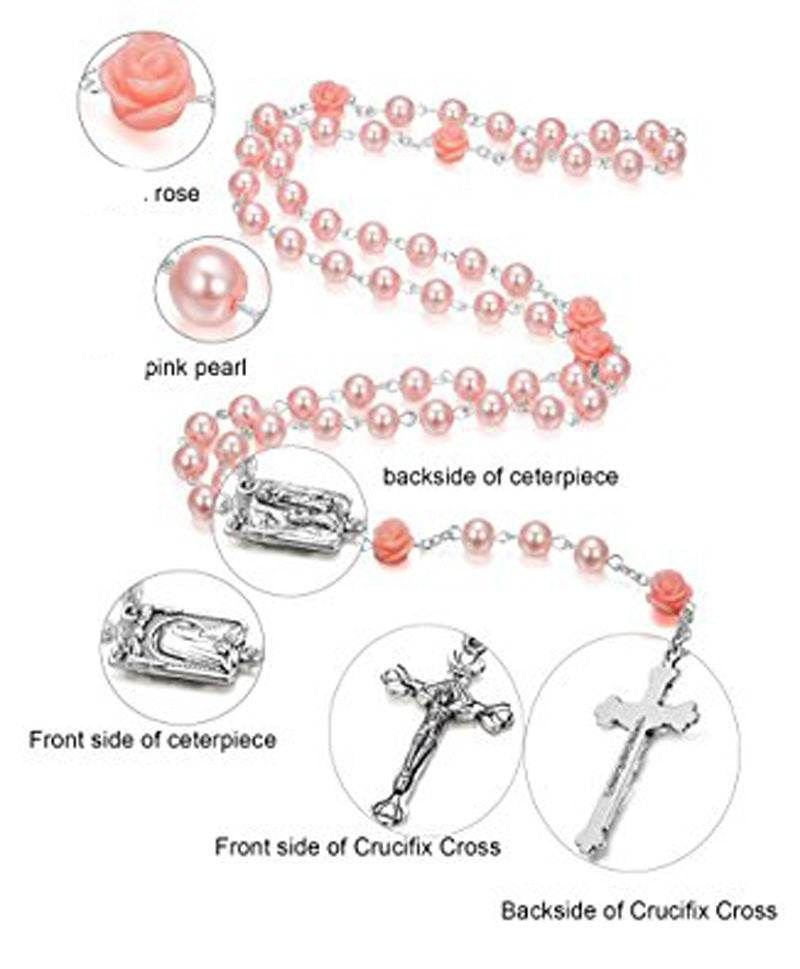 6mm Rose Flower Pearl Rosary Necklace Cross Christian Catholic Jewelry - Faithacle