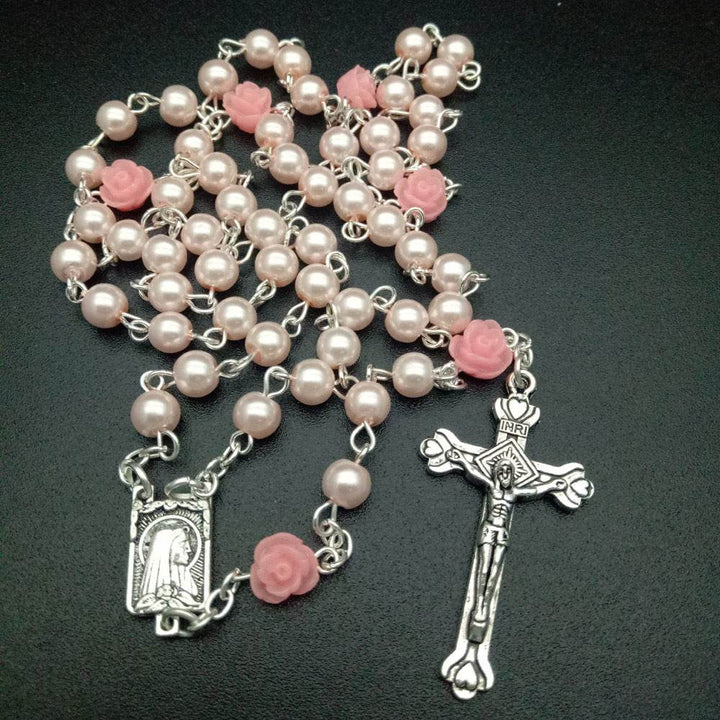 6mm Rose Flower Pearl Rosary Necklace Cross Christian Catholic Jewelry - Faithacle