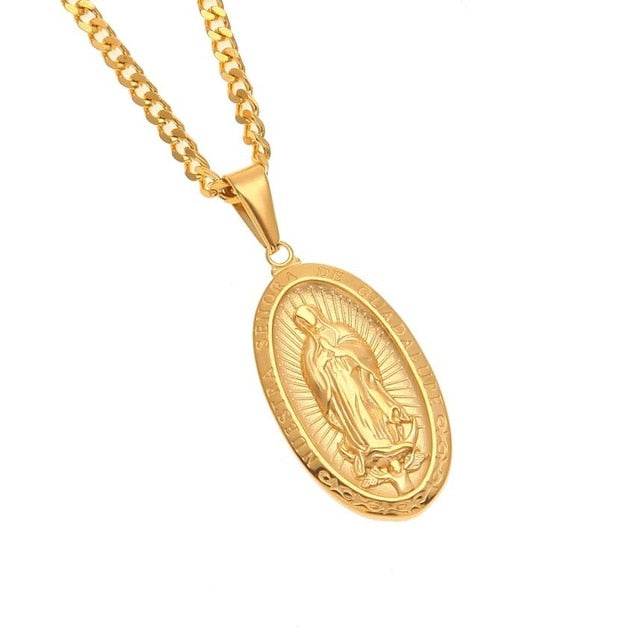 Catholic Religious Virgin Mary Necklace Pendant Stainless Steel Gold Color Cross Medallion Necklace - Faithacle