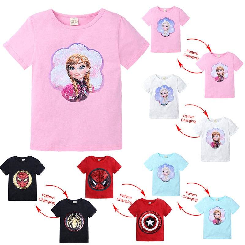 Kids Girls T shirts Summer Elsa Sequins For Spiderman T shirt Face Change Boys T Shirts New Children Tops Shirt Clothes 2-8Yrs - Faithacle