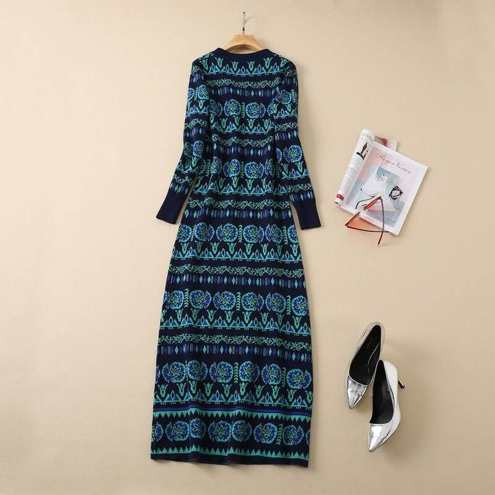 Bohemian Pattern Embroidery V-neck Autumn Casual Dresses - S-XXL Women Knitted Maxi Vintage - Faithacle