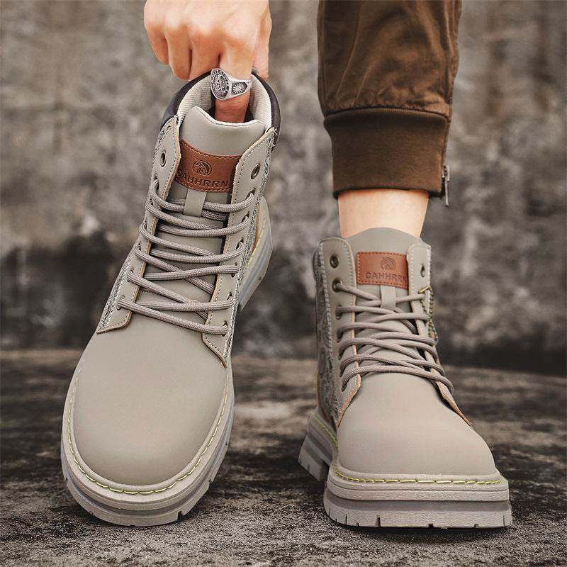 Men's high top Martin boots autumn and winter outdoor casual workwear shoes retro frosted surface thick soled yellow boots - Faithacle