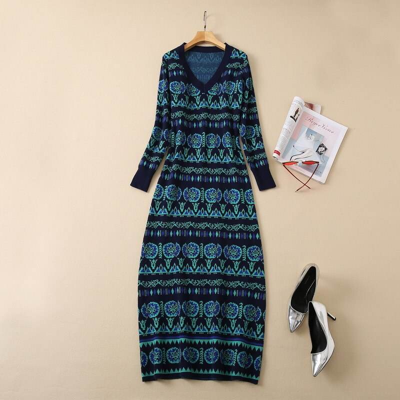Bohemian Pattern Embroidery V-neck Autumn Casual Dresses - S-XXL Women Knitted Maxi Vintage - Faithacle