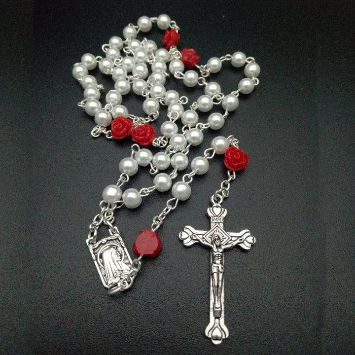 6mm Rose Flower Pearl Rosary Necklace Cross Christian Catholic Jewelry - Faithacle