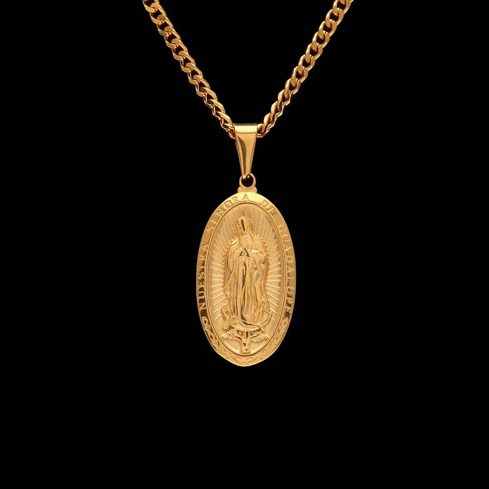 Catholic Religious Virgin Mary Necklace Pendant Stainless Steel Gold Color Cross Medallion Necklace - Faithacle