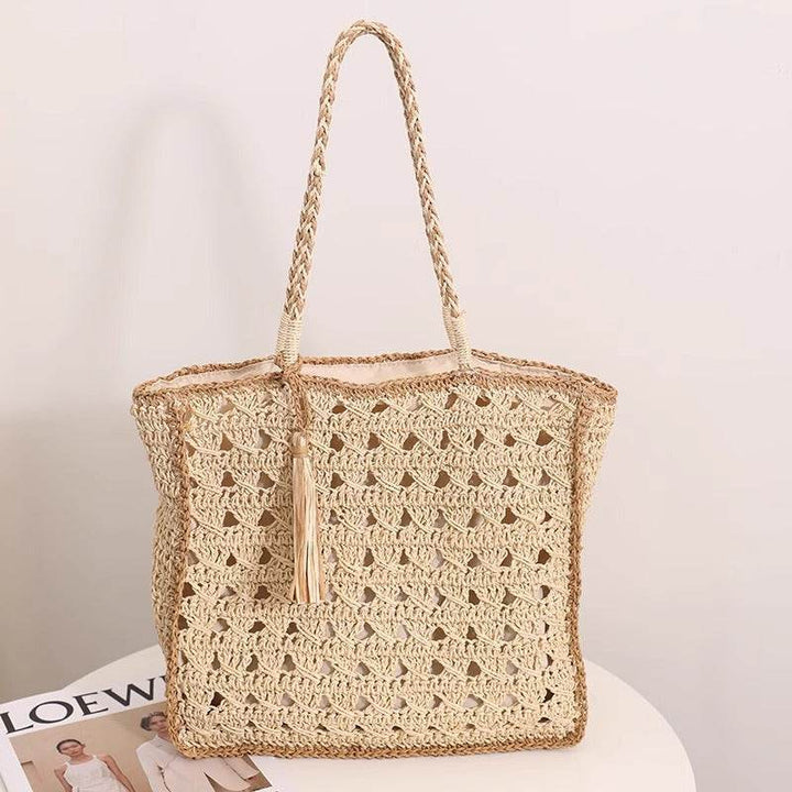 Square tassel single shoulder grass woven bag handmade women - Faithacle