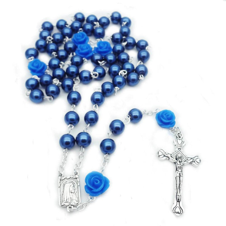 6mm Rose Flower Pearl Rosary Necklace Cross Christian Catholic Jewelry - Faithacle