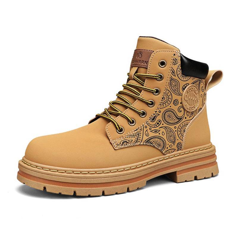 Men's high top Martin boots autumn and winter outdoor casual workwear shoes retro frosted surface thick soled yellow boots - Faithacle