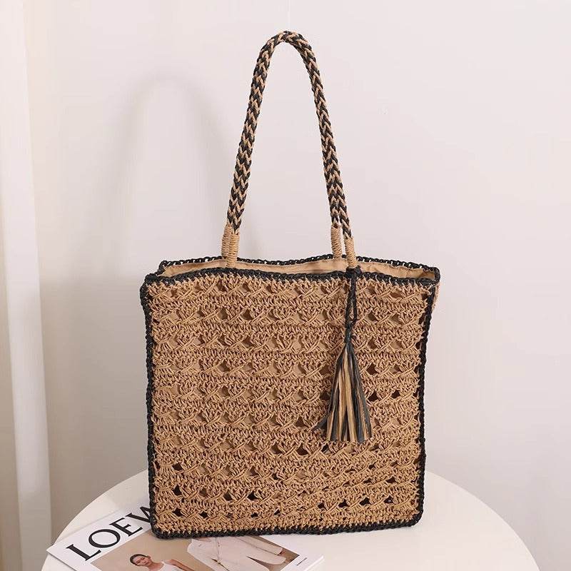 Square tassel single shoulder grass woven bag handmade women - Faithacle