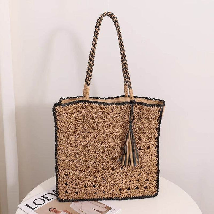 Square tassel single shoulder grass woven bag handmade women - Faithacle