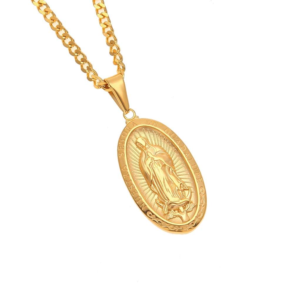 Catholic Religious Virgin Mary Necklace Pendant Stainless Steel Gold Color Cross Medallion Necklace - Faithacle