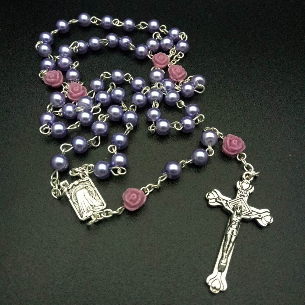 6mm Rose Flower Pearl Rosary Necklace Cross Christian Catholic Jewelry - Faithacle