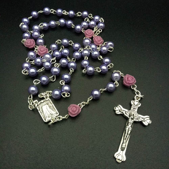 6mm Rose Flower Pearl Rosary Necklace Cross Christian Catholic Jewelry - Faithacle