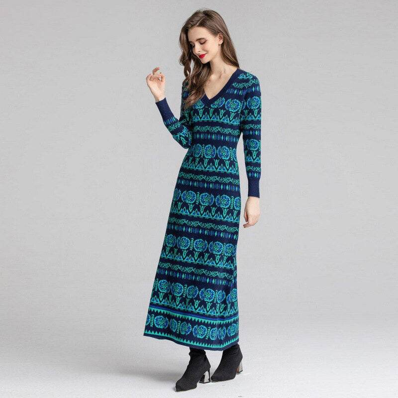 Bohemian Pattern Embroidery V-neck Autumn Casual Dresses - S-XXL Women Knitted Maxi Vintage - Faithacle