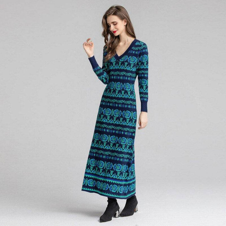 Bohemian Pattern Embroidery V-neck Autumn Casual Dresses - S-XXL Women Knitted Maxi Vintage - Faithacle