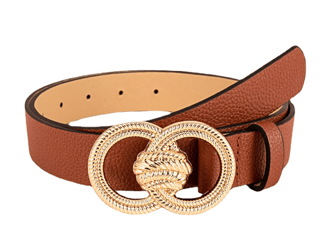 Double ring brown lychee pattern women belt - Faithacle