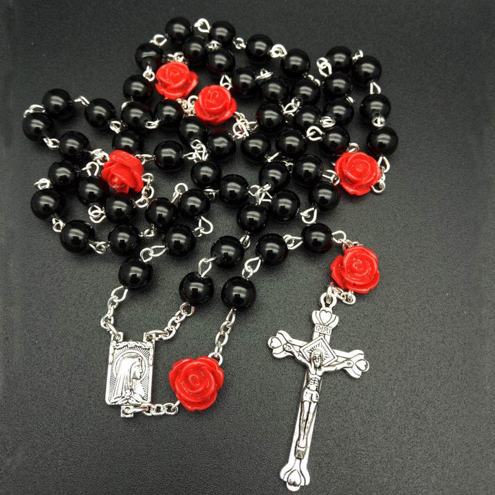 6mm Rose Flower Pearl Rosary Necklace Cross Christian Catholic Jewelry - Faithacle