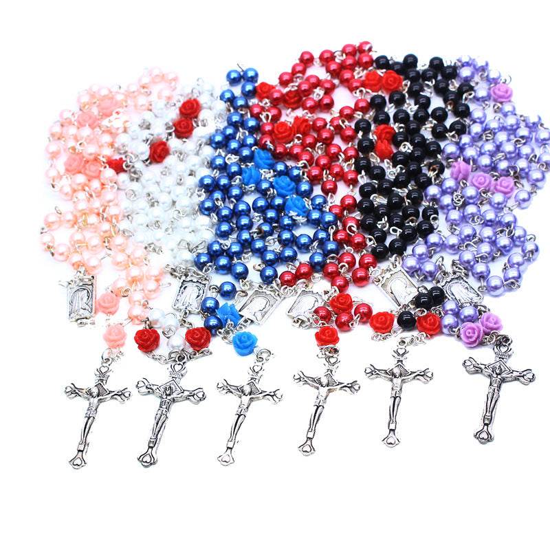 6mm Rose Flower Pearl Rosary Necklace Cross Christian Catholic Jewelry - Faithacle