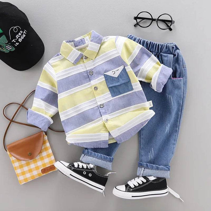 Fashion baby boys clothes spring children clothing gentleman baby boy striped shirt+jeans 2pcs set Newborn baby boy clothes - Faithacle