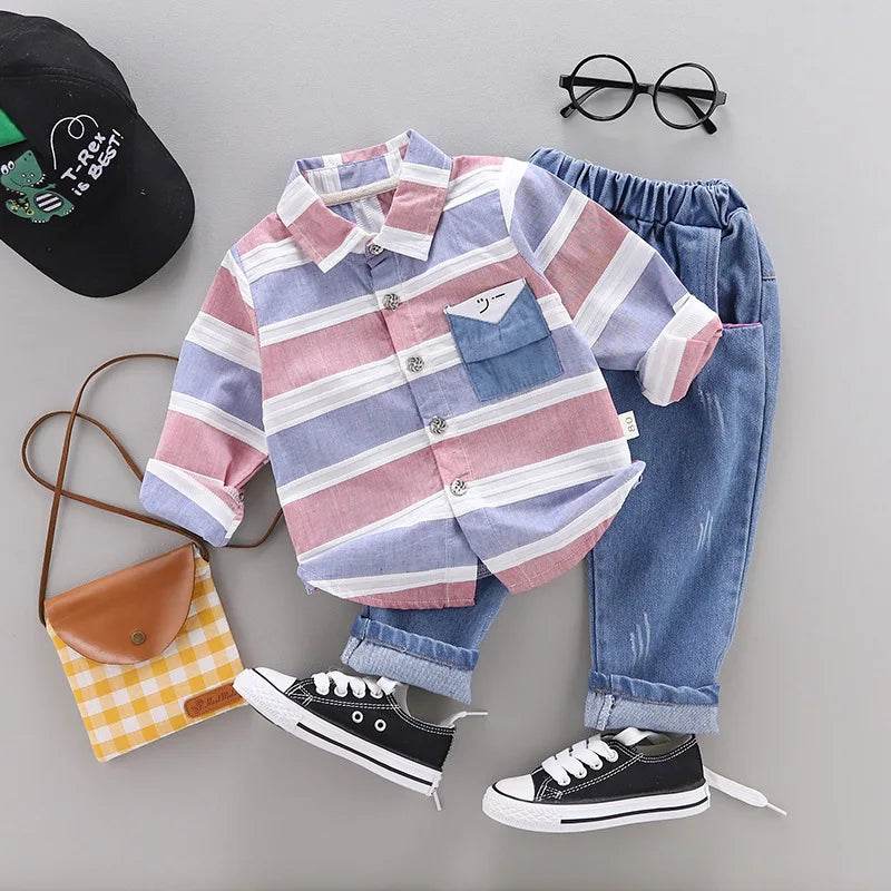 Fashion baby boys clothes spring children clothing gentleman baby boy striped shirt+jeans 2pcs set Newborn baby boy clothes - Faithacle
