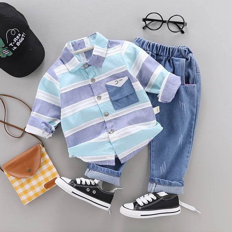 Fashion baby boys clothes spring children clothing gentleman baby boy striped shirt+jeans 2pcs set Newborn baby boy clothes - Faithacle