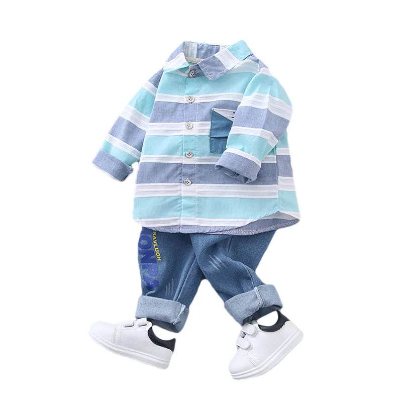 Fashion baby boys clothes spring children clothing gentleman baby boy striped shirt+jeans 2pcs set Newborn baby boy clothes - Faithacle