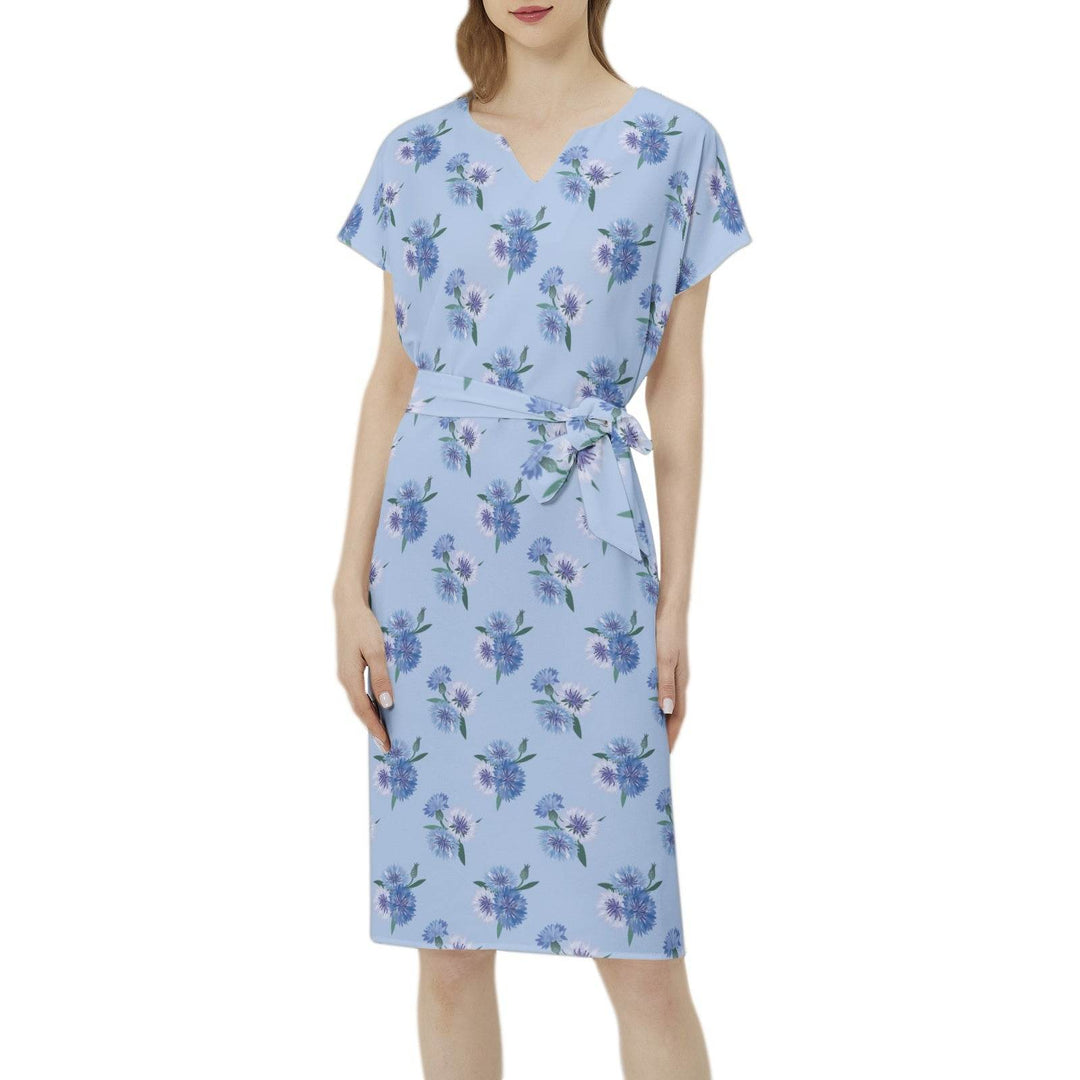 blue floral Notch Neck Casual Dress with Belt - FAITHACLE - Faithacle