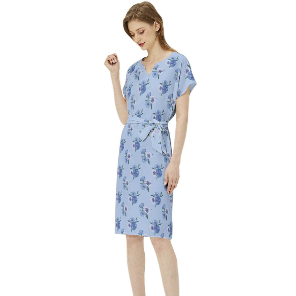blue floral Notch Neck Casual Dress with Belt - FAITHACLE - Faithacle