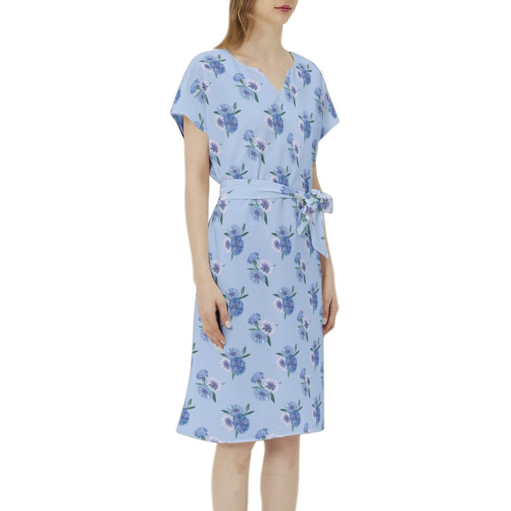 blue floral Notch Neck Casual Dress with Belt - FAITHACLE - Faithacle