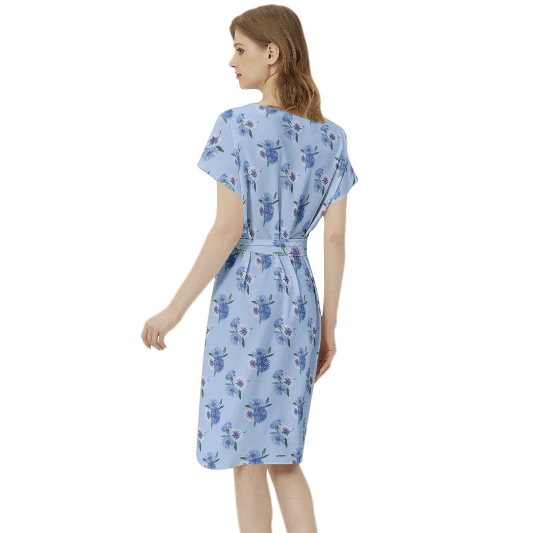 blue floral Notch Neck Casual Dress with Belt - FAITHACLE - Faithacle